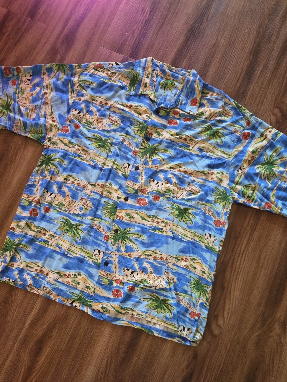Big Dogs Blue Tropical Palm Print Casual Button-Down Shirt